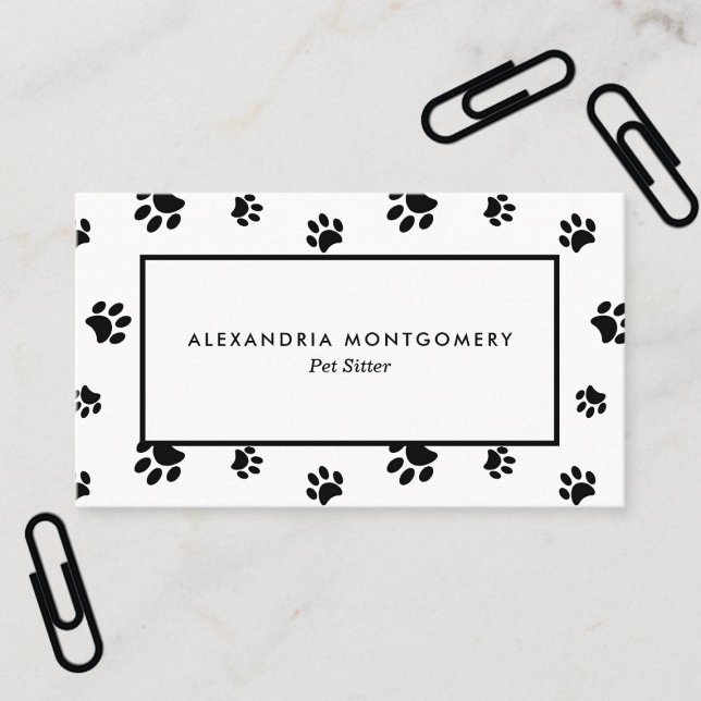 Black Paw Prints Professionell Husdjursvakt Visitkort (Black Paw Prints Professional Pet Sitter Business Card)