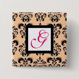 BLACK PEACH DAMASK SQUARE ROSA FUCHSIA MONOGRAM KNAPP