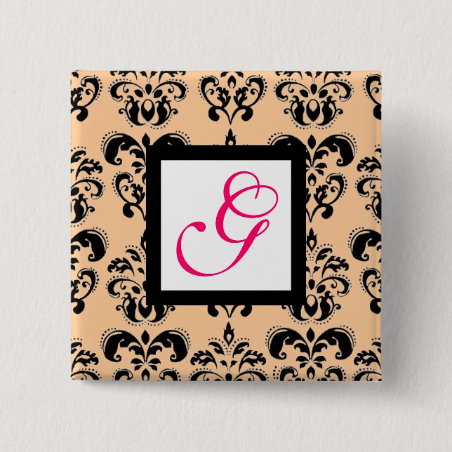 BLACK PEACH DAMASK SQUARE ROSA FUCHSIA MONOGRAM KNAPP (Framsida)