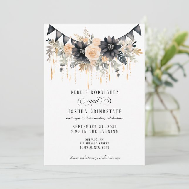 Black & Peach Floral Wedding Invitation  Inbjudningar (Stående Fram)