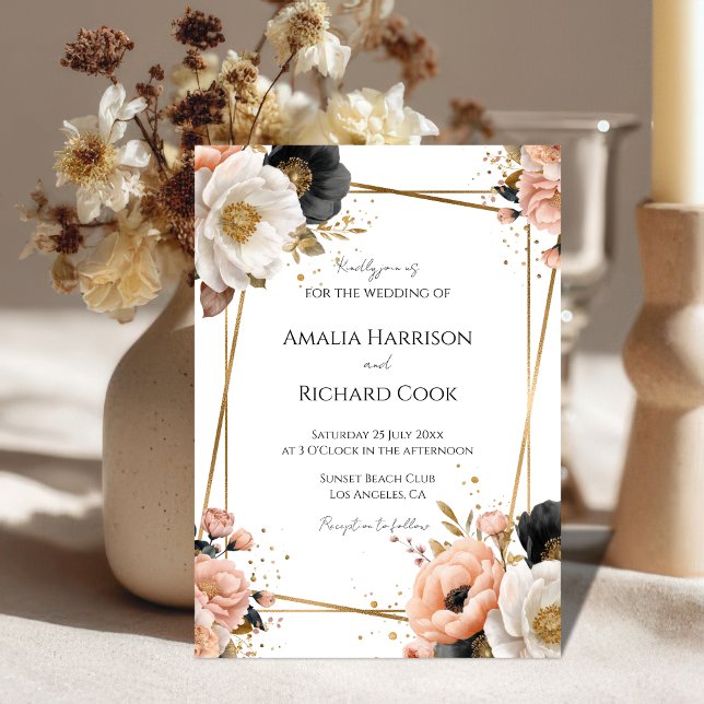 Black Peach Gold Floral Customizable Wedding  Inbjudningar (Skapare uppladdad)