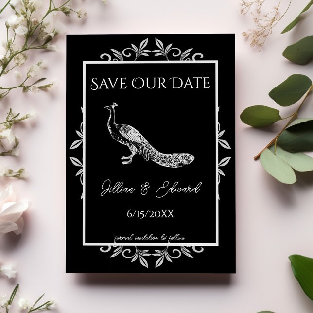 Black Peacock blommar Spara datum Meddelande (Black Peacock Flourish Save the Date)