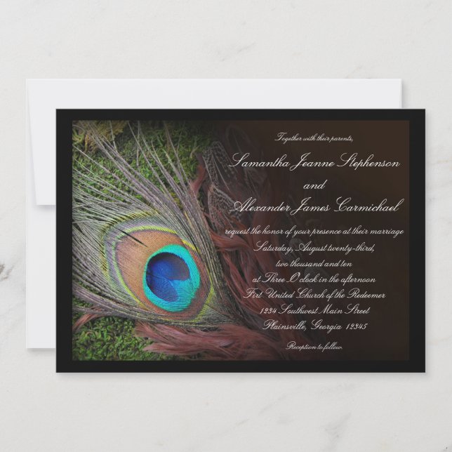 Black Peacock Feather w/Moss Wedding Investigation Inbjudningar (Framsida)