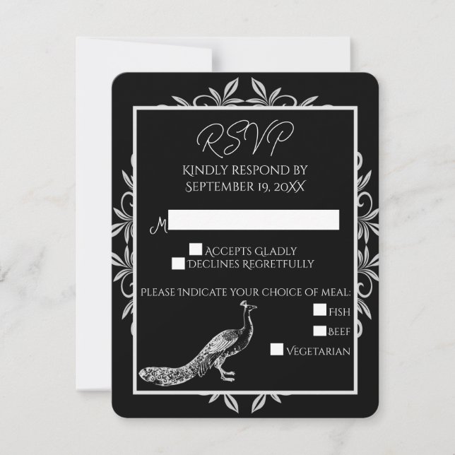 Black Peacock Flourish Bröllop OSA Card Kort (Framsida)