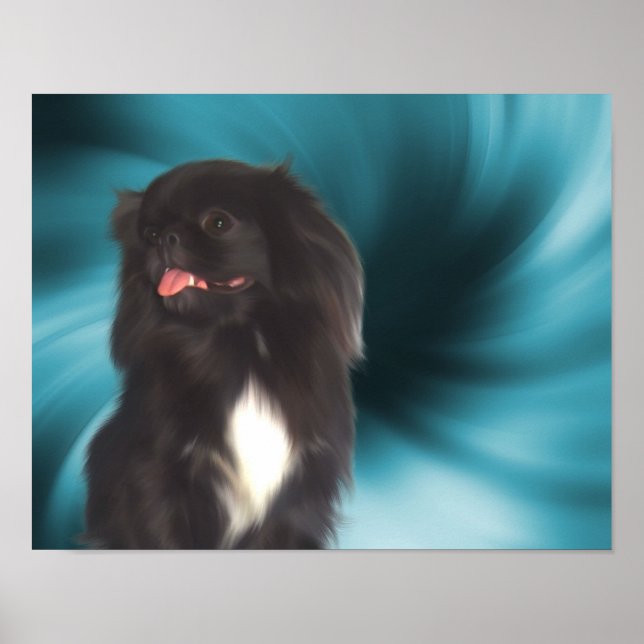 Black Pekingese Blue Swirls Hund Art Poster (Framsidan)
