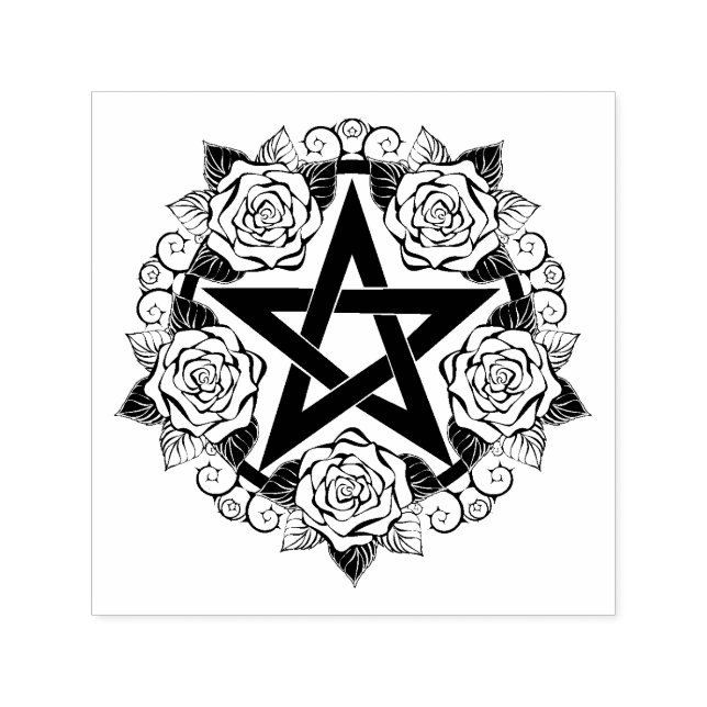 Black Pentagram med Ro Flowers Självfärgande Stämpel (Design)