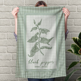 Black Pepper Herb - Green Gingham Border Kökshandduk