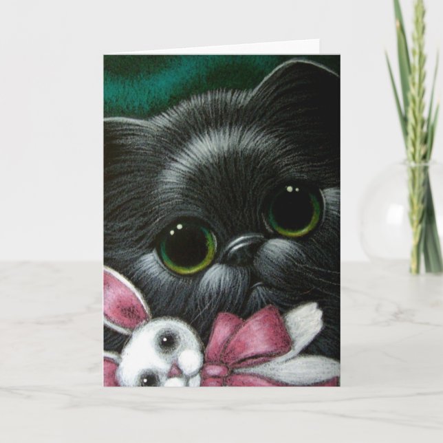 BLACK PERSIAN CAT & PÅSKHARE Card Helgkort (Framsida)