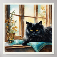 Black Persian Cat Watercolor Aqua Pillow