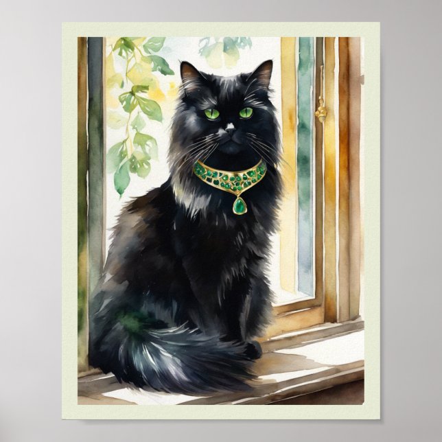 Black Persian Watercolor Guld Emerald Collar Poster (Framsidan)