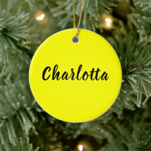 Black Personalize Namn Neon Gult Färg Julgransprydnad Keramik