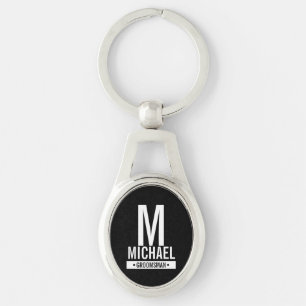 Black Personlig Groomsmans Monogram och Namn Ovalt Silverfärgad Nyckelring