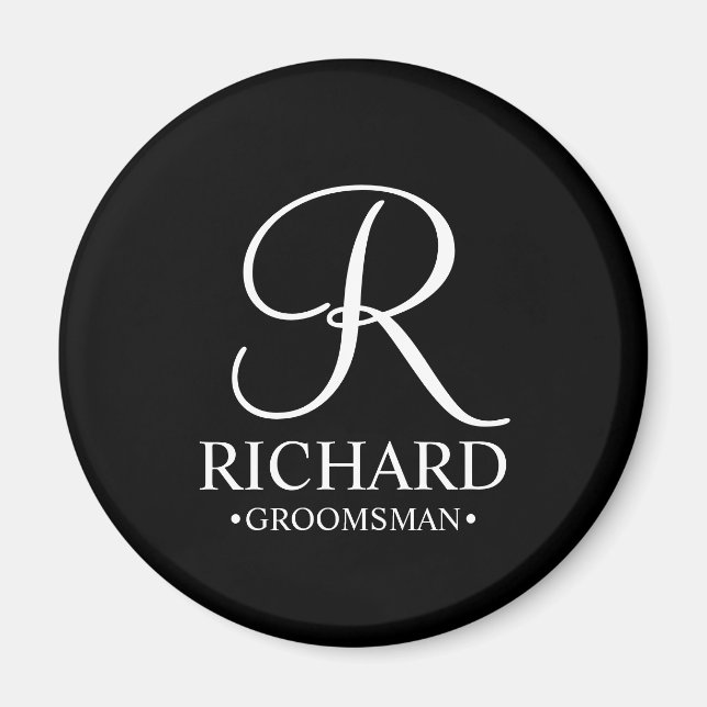 Black Personlig Groomsmans Namn och Monogram Magnet (Framsidan)