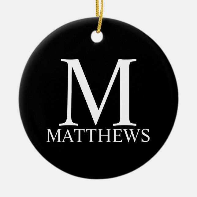 Black Personlig Monogram och Namn Julgransprydnad Keramik (Framsidan)
