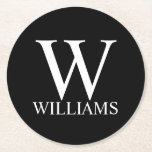 Black Personlig Monogram och Namn Underlägg Papper Rund<br><div class="desc">Personlig Monogram och Namn Gift har personlig monogram och namn i vitt klassiskt serif-teckensnitt stil på svart bakgrund. Perfekt för helgdag,  familjeåterförening och vid särskilda tillfällen.</div>