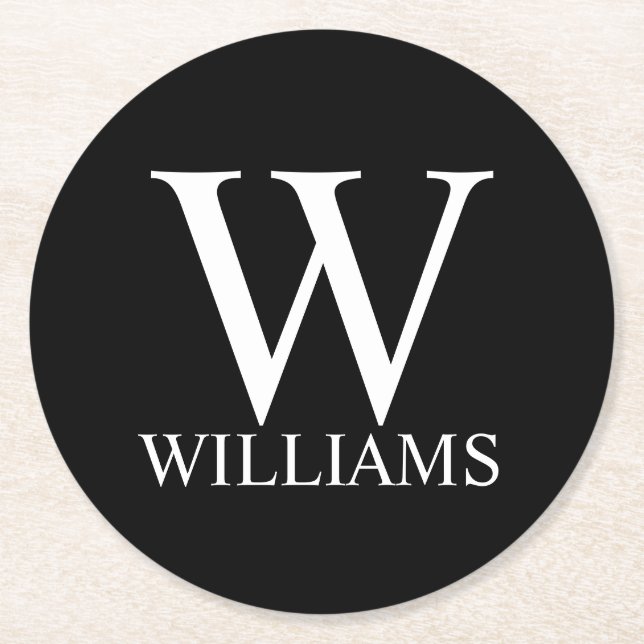 Black Personlig Monogram och Namn Underlägg Papper Rund (Framsidan)