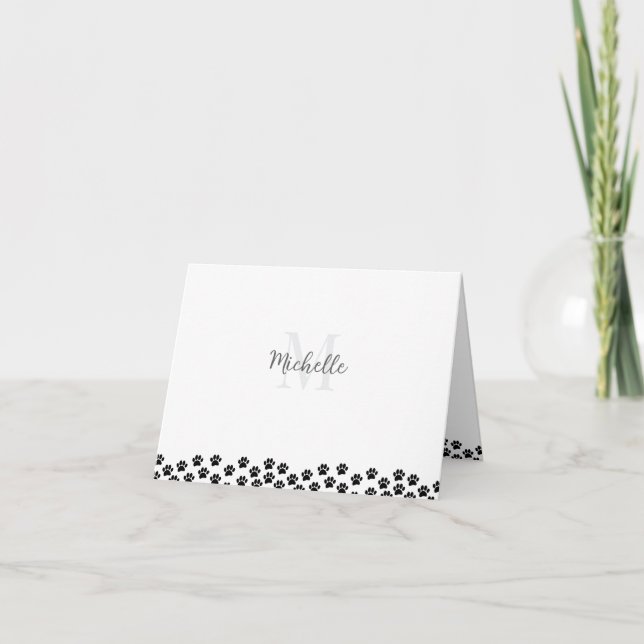 Black Pet Paw Prints Custom Monogram Cute  Anteckningskort (Framsida)