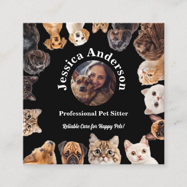 Black Pet Sitter Affärskort med Anpassningsbar Pho Fyrkantigt Visitkort (Framsida)
