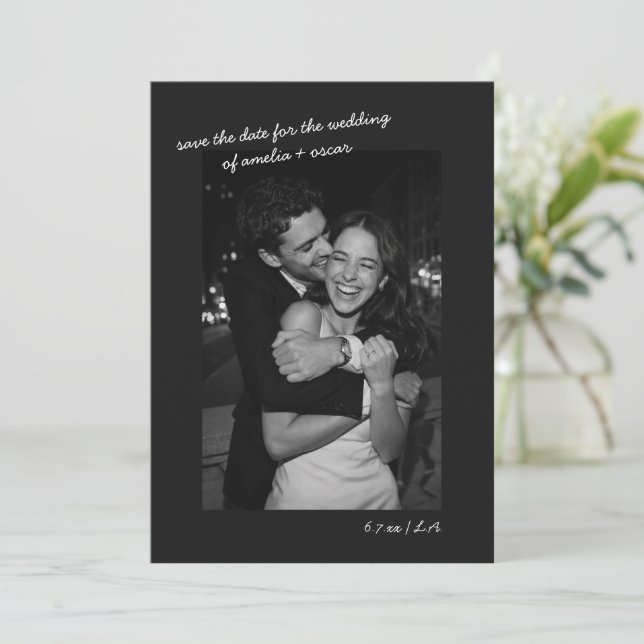 Black Photo Minimalist Modern Wedding Dark Script Spara Datumet (Stående Fram)
