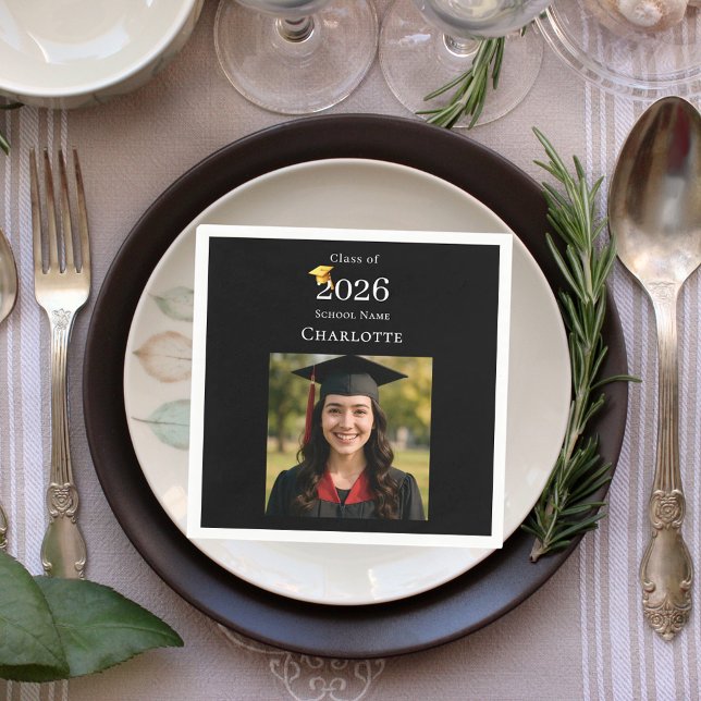 Black photo modern Graduation Party luncheon Pappersservett (Skapare uppladdad)