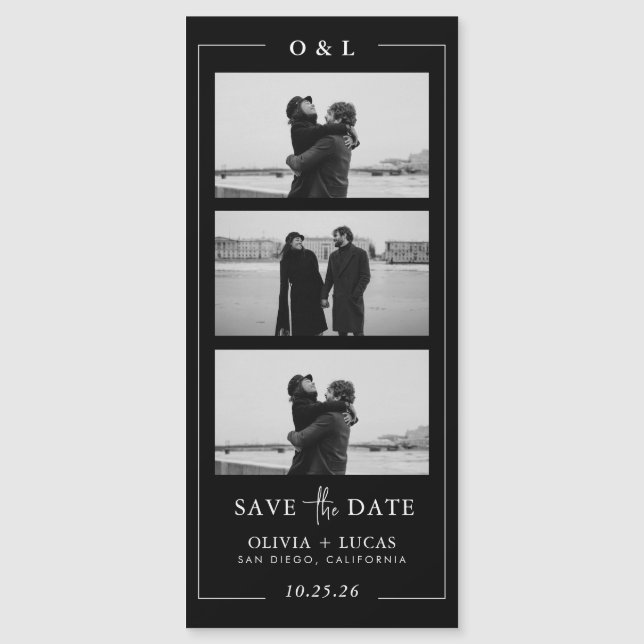 Black Photo Strip Monogram Border Magnetic Wedding (Framsida)