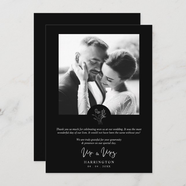 Black Photo Typography MR & MRS Wedding Bouquet  Tack Kort (Fram/baksida)