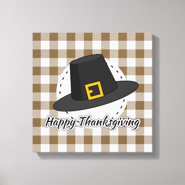Black Pilgrim Hat on Brown Plaid - Thanksgiving Canvastryck (Framsida)