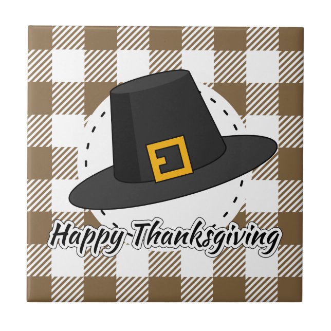 Black Pilgrim Hat on Brown Plaid - Thanksgiving Kakelplatta (Framsidan)