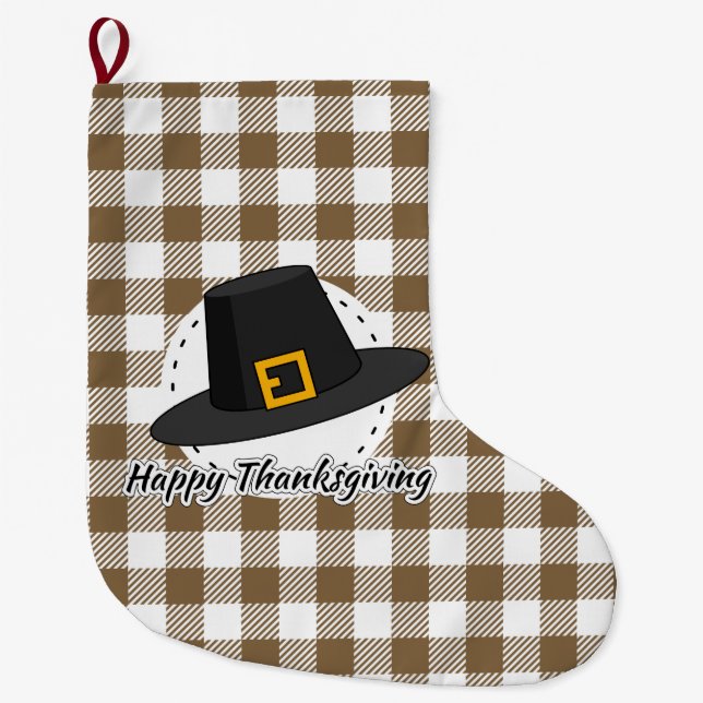 Black Pilgrim Hat on Brown Play - Thanksgiving Stor Julstrumpa (Framsidan)