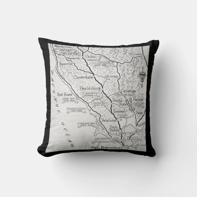 Black Pillow för Kalifornien Vin Land Karta Kudde (Framsida)