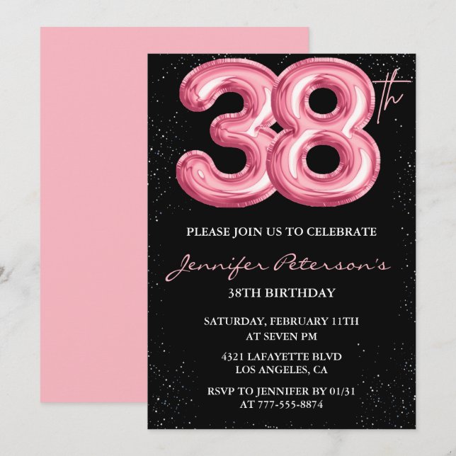 Black Pink 38-års födelsedagsinbjudningar Ballong  Inbjudningar (Fram/baksida)