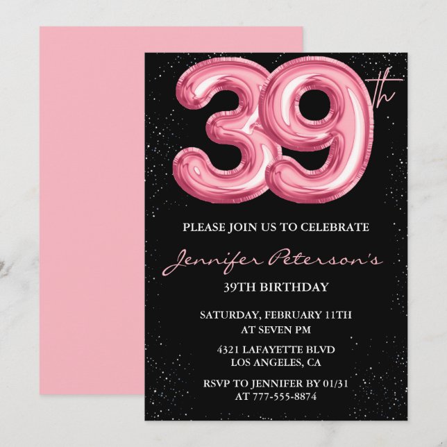 Black Pink 39-års födelsedagsinbjudningar Ballong  Inbjudningar (Fram/baksida)