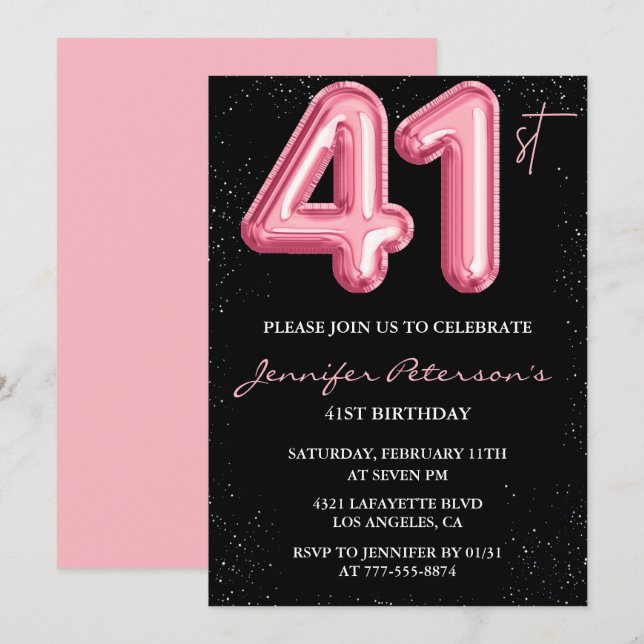 Black Pink 41-års födelsedagsinbjudningar Ballong  Inbjudningar (Fram/baksida)