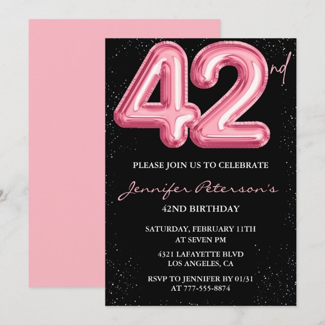 Black Pink 42-års födelsedagsinbjudningar Ballong  Inbjudningar (Fram/baksida)