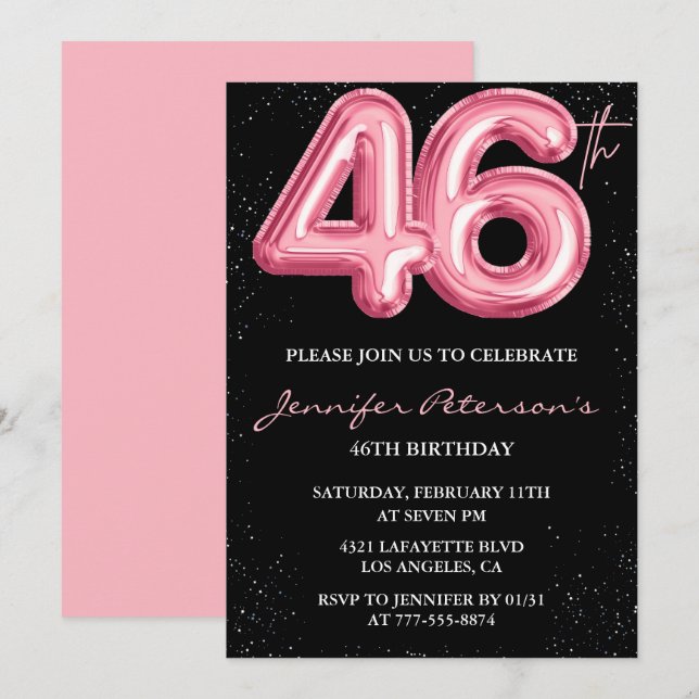 Black Pink 46-års inbjudan Ballong Glam  (Fram/baksida)