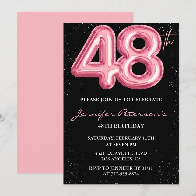 Black Pink 48-års födelsedagsinbjudningar Ballong  Inbjudningar (Fram/baksida)