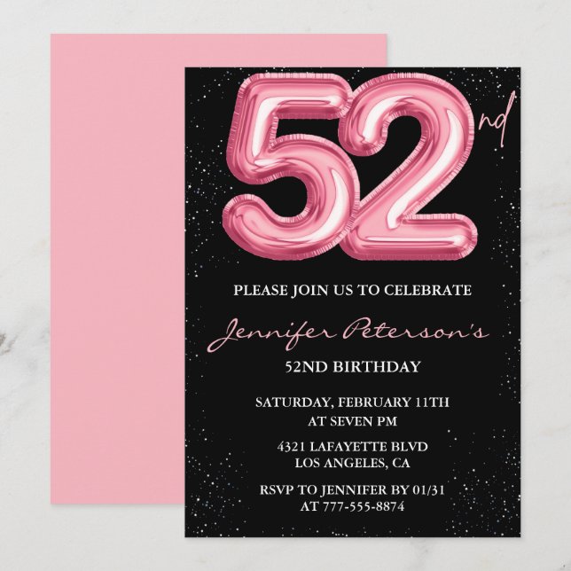 Black Pink 52-års inbjudan Ballong Glam  (Fram/baksida)