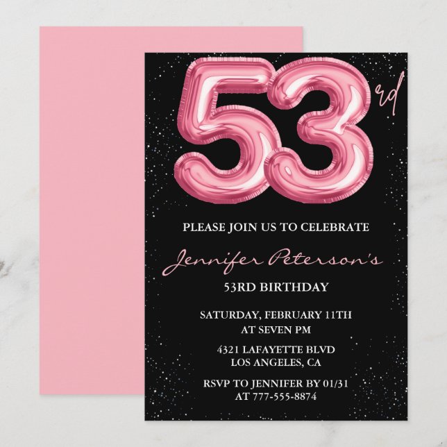 Black Pink 53:e födelsedagsinbjudningar Ballong Gl Inbjudningar (Fram/baksida)