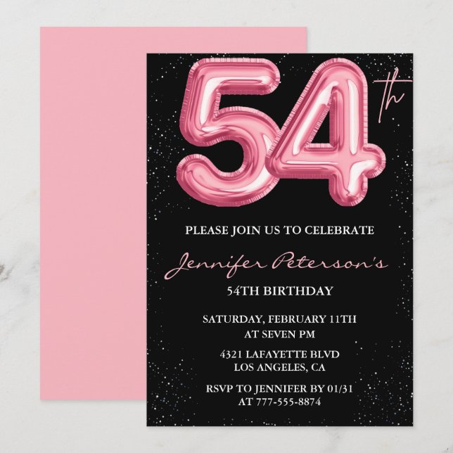 Black Pink 54-års inbjudningar Ballong Glam  (Fram/baksida)
