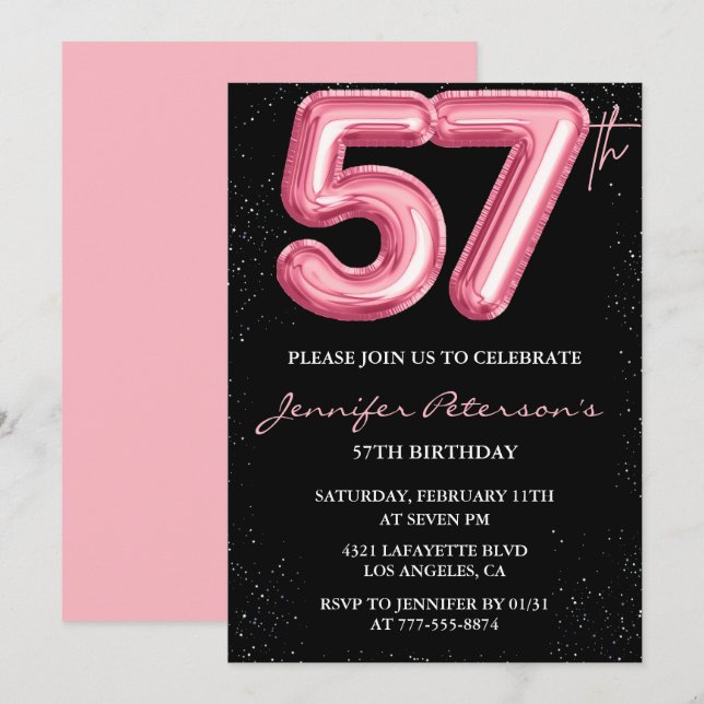 Black Pink 57:e födelsedagsinbjudningar Ballong Gl Inbjudningar (Fram/baksida)