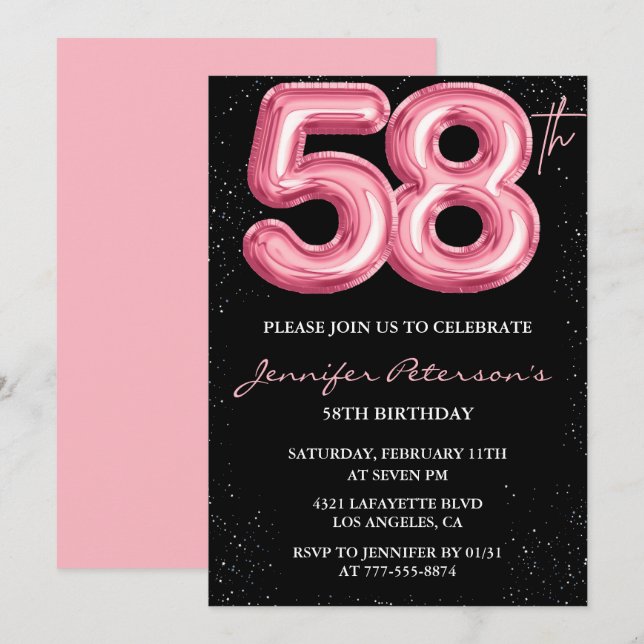 Black Pink 58-års inbjudan Ballong Glam  (Fram/baksida)