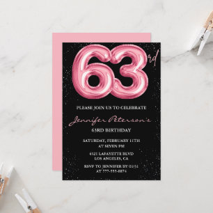 Black Pink 63-års födelsedagsinbjudningar Ballong Inbjudningar