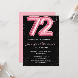 Black Pink 72-års födelsedagsinbjudningar Ballong Inbjudningar