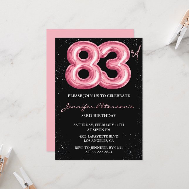 Black Pink 83-års födelsedagsinbjudningar Ballong  Inbjudningar (Fram/Back In Situ)