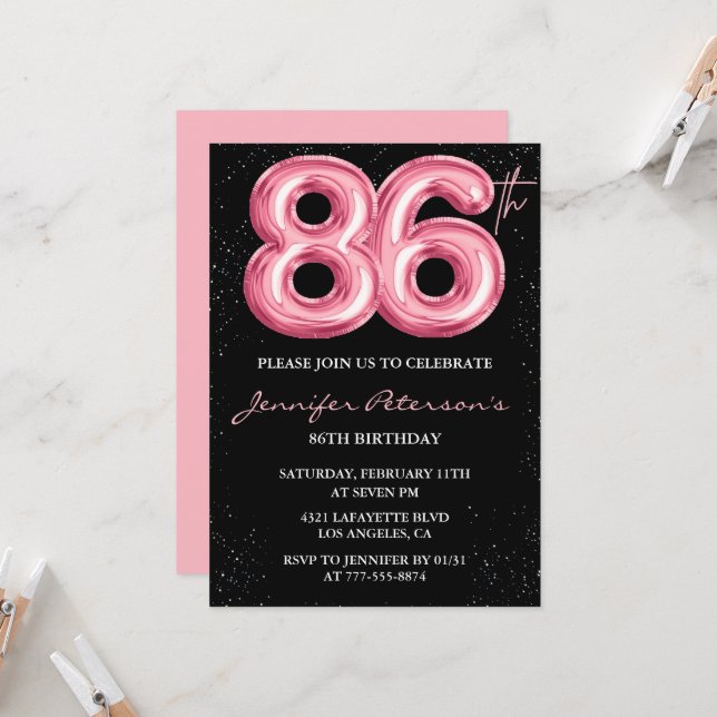 Black Pink 86-års födelsedagsinbjudningar Ballong  Inbjudningar (Fram/Back In Situ)