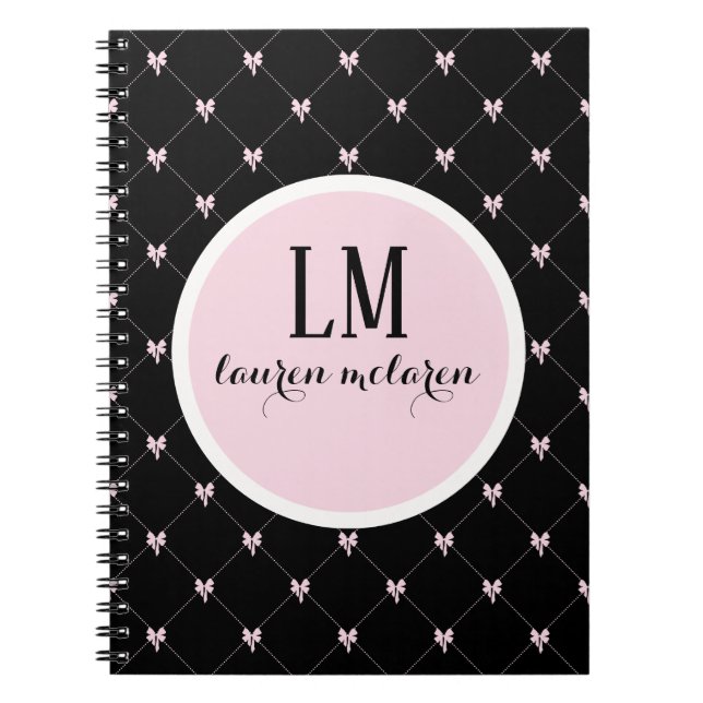 Black & Pink Bow Monogram Anteckningsbok (Framsidan)