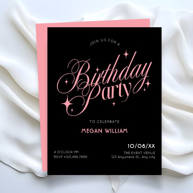 Black Pink elegant birthday Inbjudningar (Skapare uppladdad)