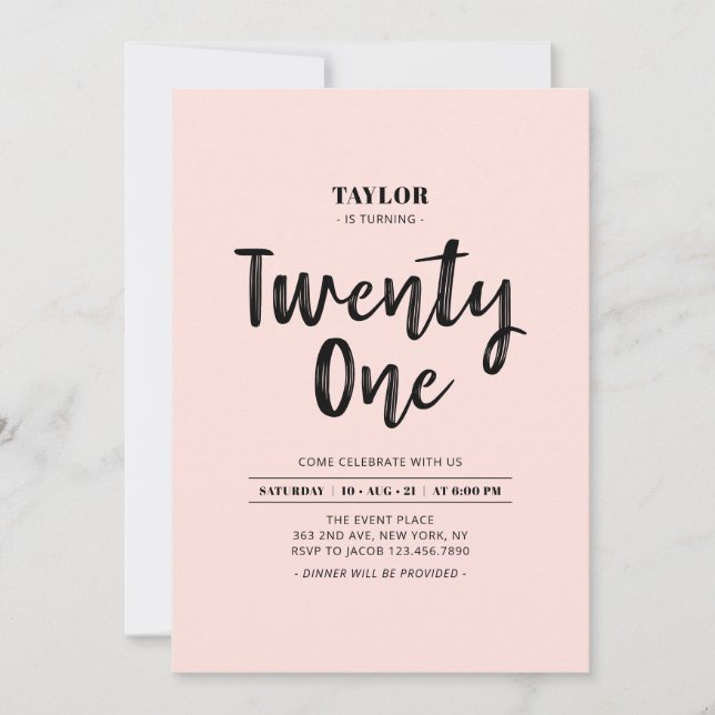 Black & Pink Enkel 21-årsfest Inbjudningar (Framsida)