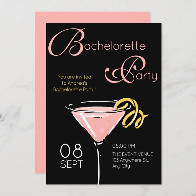 Black pink fancy cocktail bachelorette inbjudningar (Fram/baksida)
