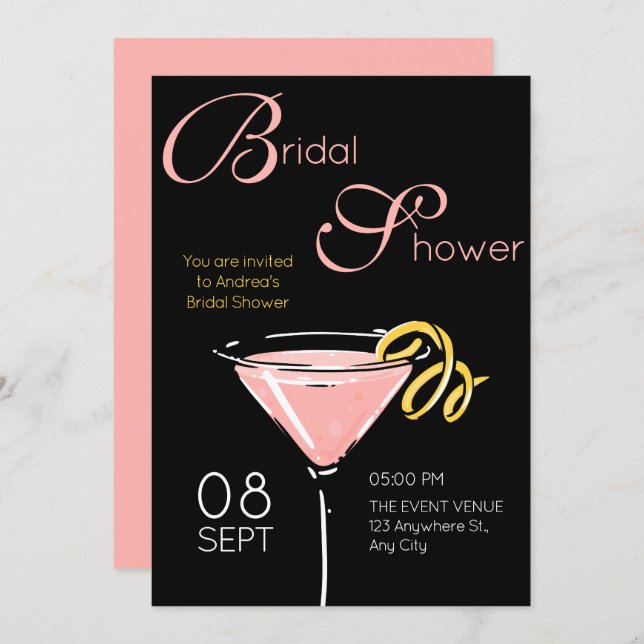 Black pink fancy cocktail bridal shower inbjudningar (Fram/baksida)